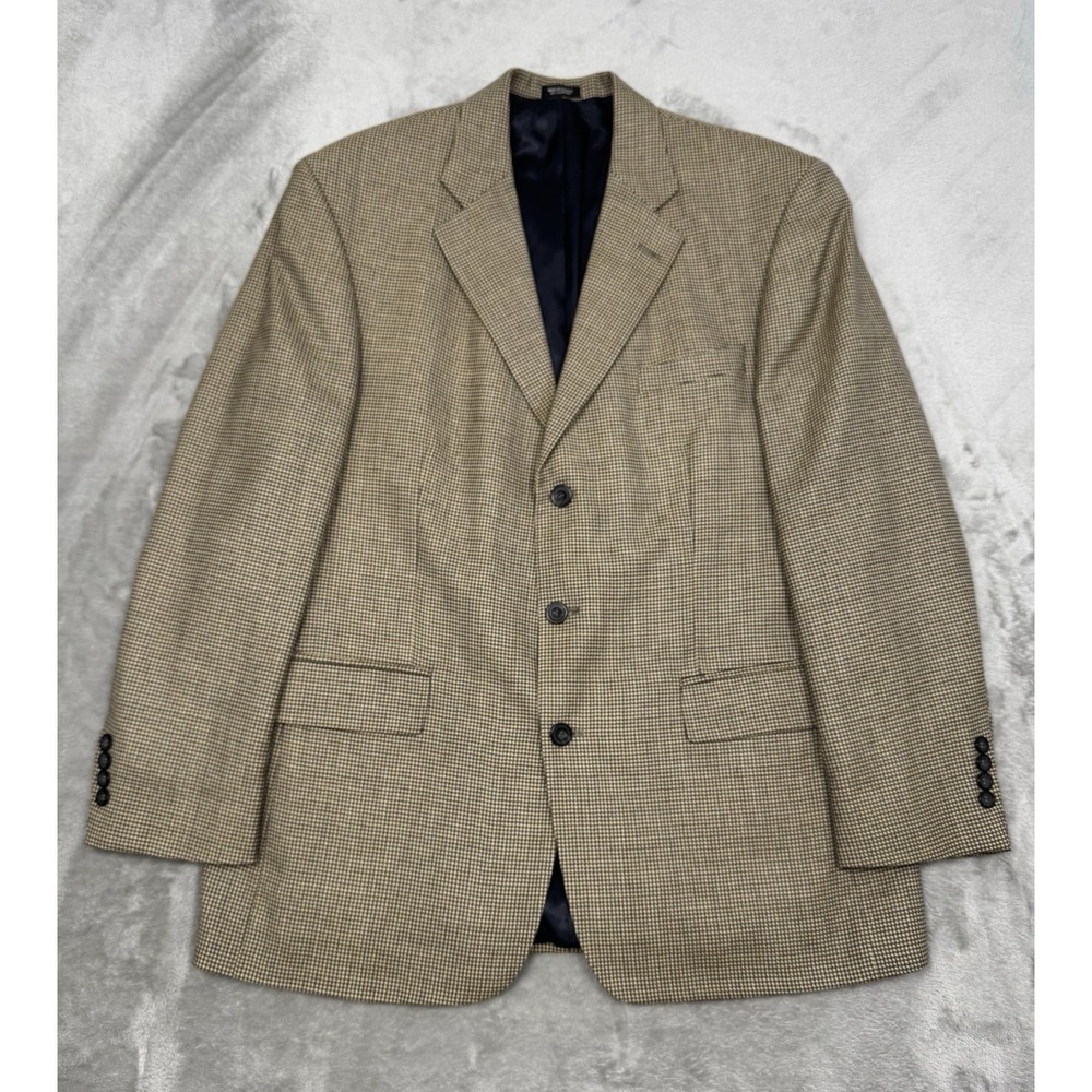 Oscar De La Renta Sport Coat Mens 44R 100% Wool Houndstooth Blazer Jacket Beige